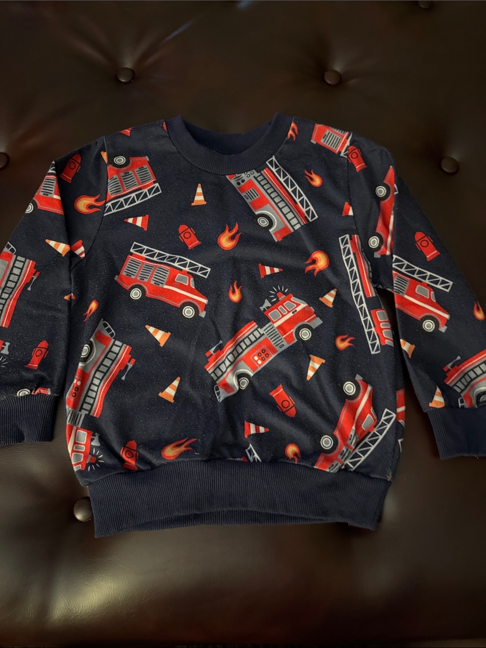 Boys Navy Fire Truck Pullover Sweatshirt - Red Rescue Print